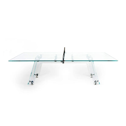 Mesa de ping pong de cristal, apta para interior y exterior.
