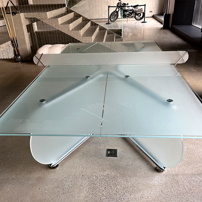 Mesa de ping pong de cristal con base redonda