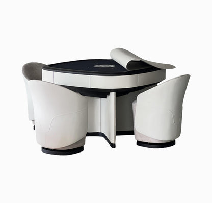 Mesa de mahjong automática de cuatro plazas con asiento de cuero blanco