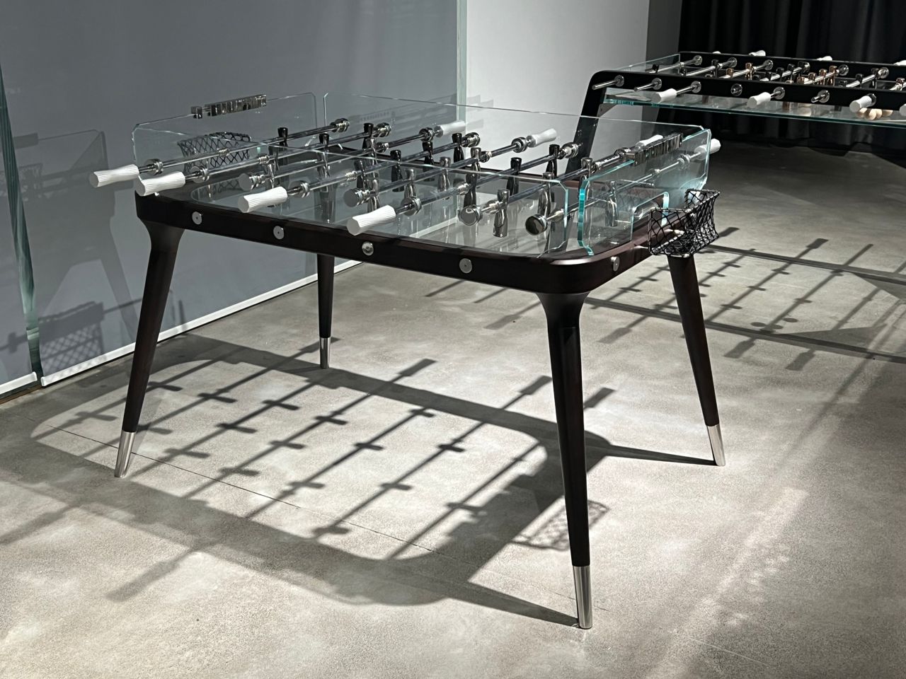 Walnut glass soccer table for indoor entertaining