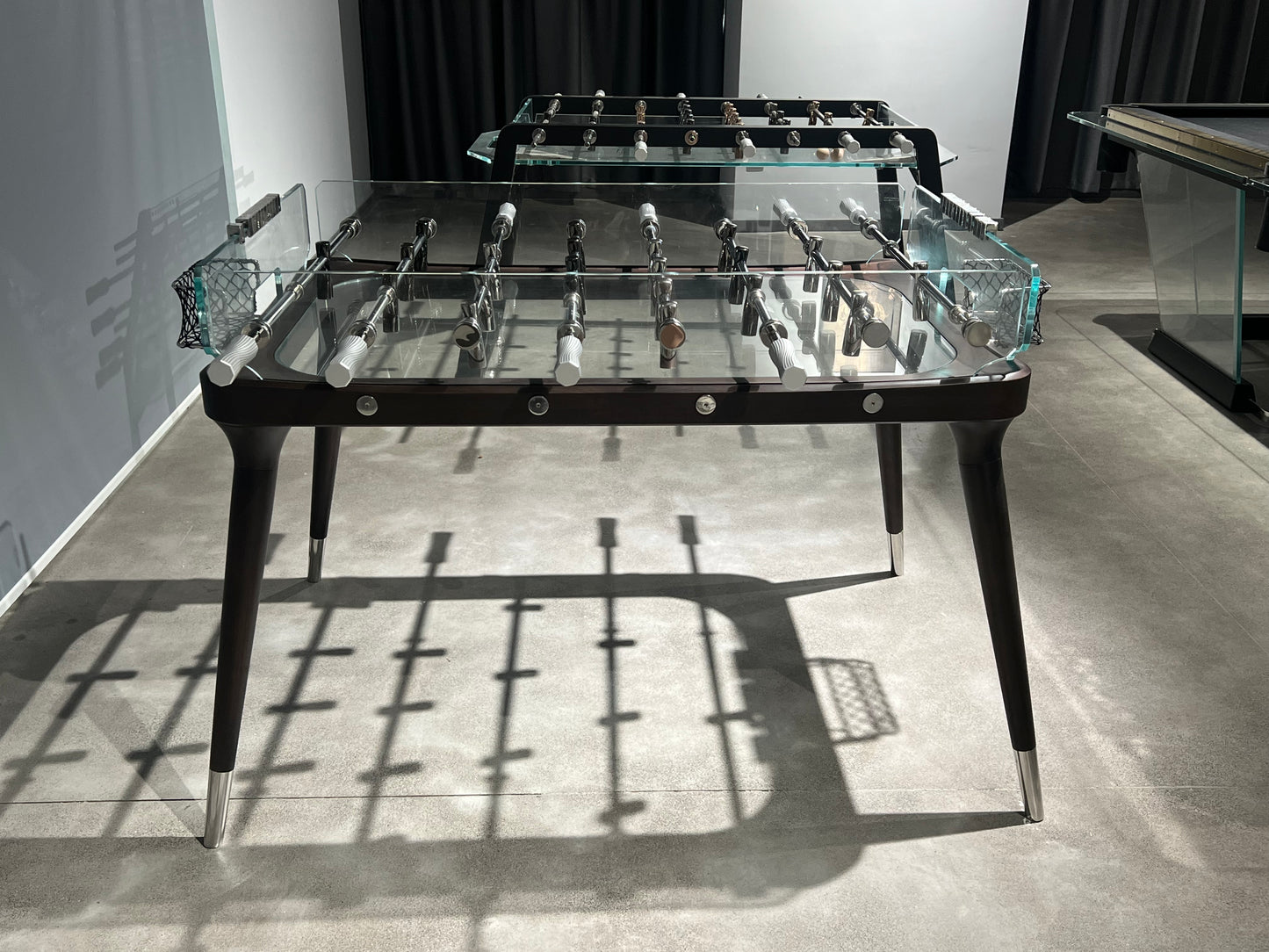 Walnut glass soccer table for indoor entertaining