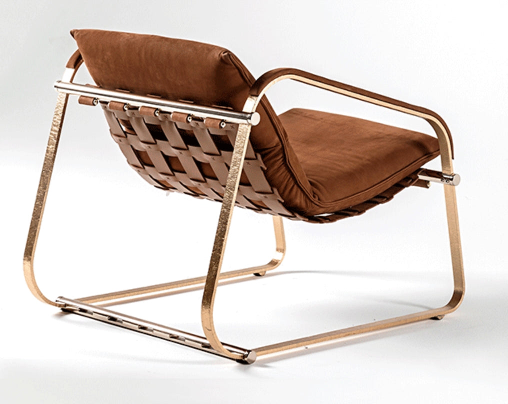 Orange brushed leather stainless steel armrests and backrest chair with woven bottom detail