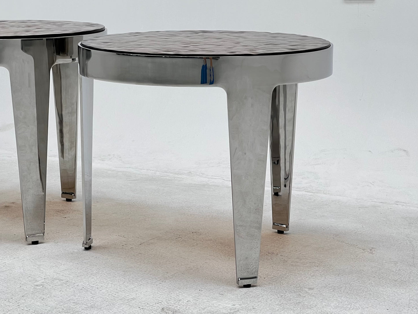 Mesa de té pequeña/mesa auxiliar de sofá de acero inoxidable y vidrio artístico