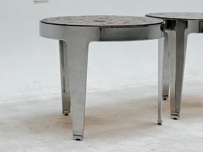 Mesa de té pequeña/mesa auxiliar de sofá de acero inoxidable y vidrio artístico