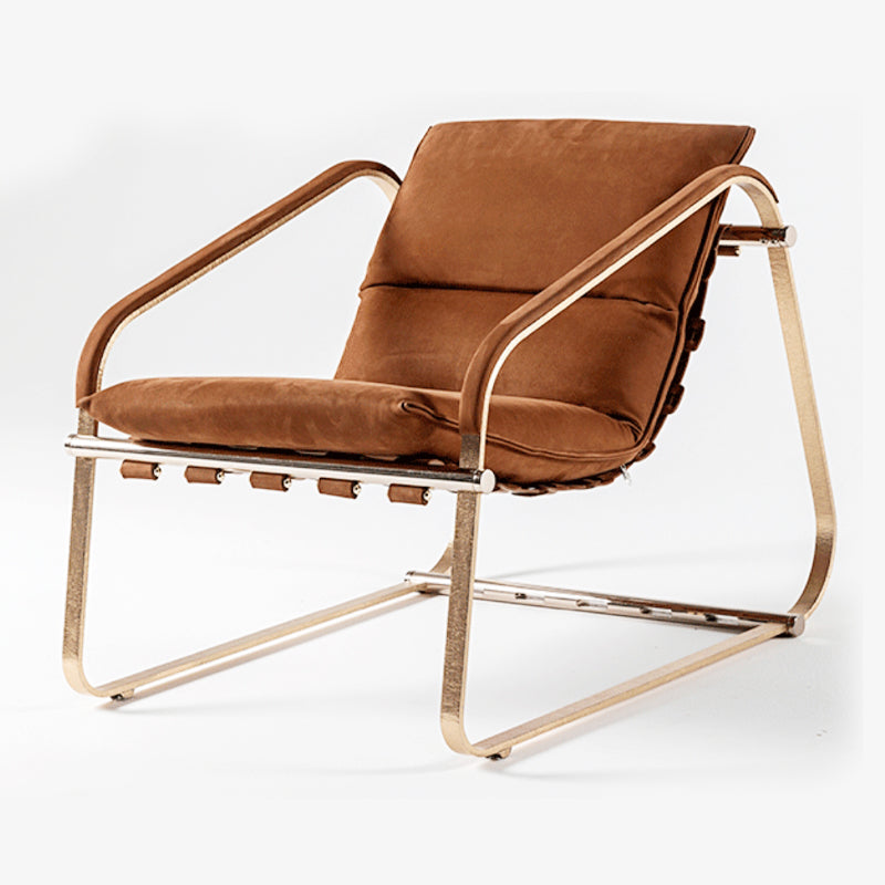 Orange brushed leather stainless steel armrests and backrest chair with woven bottom detail