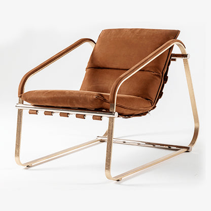Orange brushed leather stainless steel armrests and backrest chair with woven bottom detail