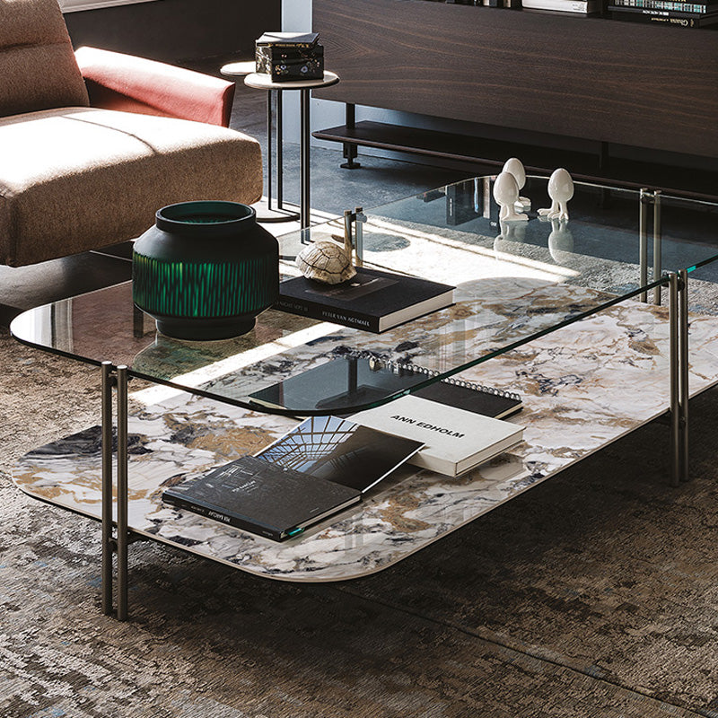 Italian modern double layer coffee table square rock slab/marble glass coffee table