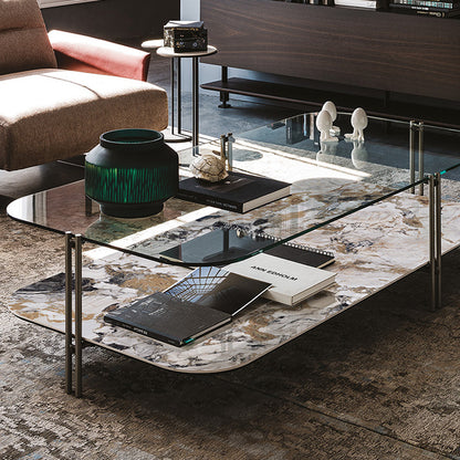 Italian modern double layer coffee table square rock slab/marble glass coffee table