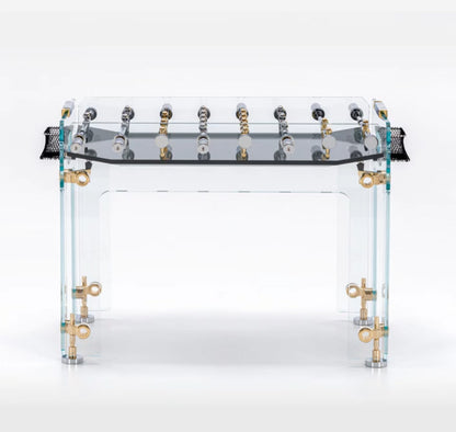 Mesa de fútbol con accesorios de cristal dorado