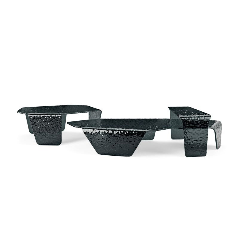Mesa de centro de vidrio termofusible negro con textura cóncava y convexa forjada, adecuada para sala de estar