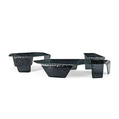 Mesa de centro de vidrio termofusible negro con textura cóncava y convexa forjada, adecuada para sala de estar