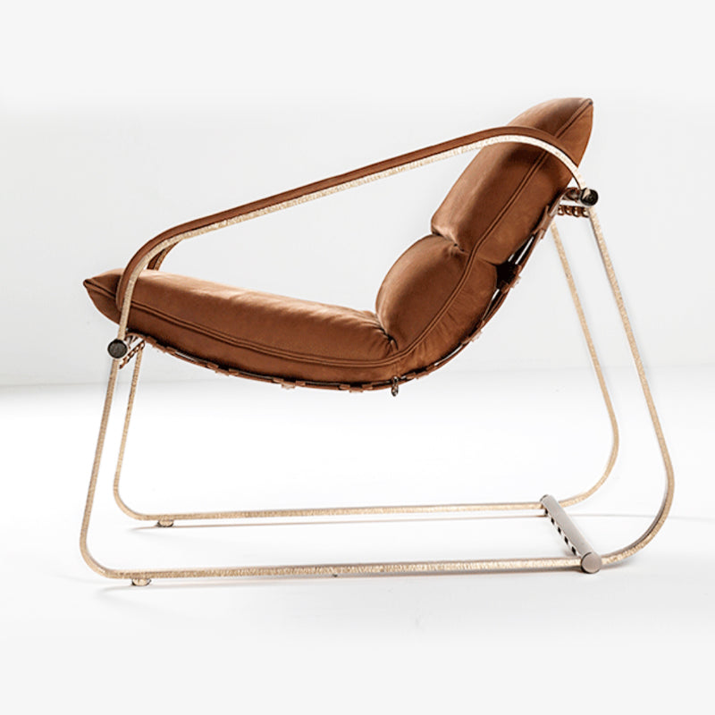 Orange brushed leather stainless steel armrests and backrest chair with woven bottom detail