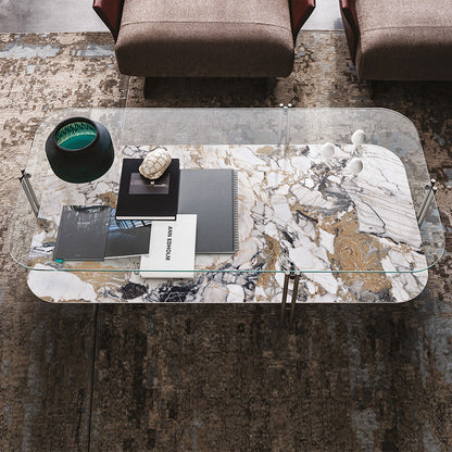 Italian modern double layer coffee table square rock slab/marble glass coffee table