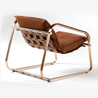 Orange brushed leather stainless steel armrests and backrest chair with woven bottom detail