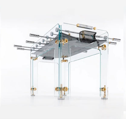 Mesa de fútbol con accesorios de cristal dorado