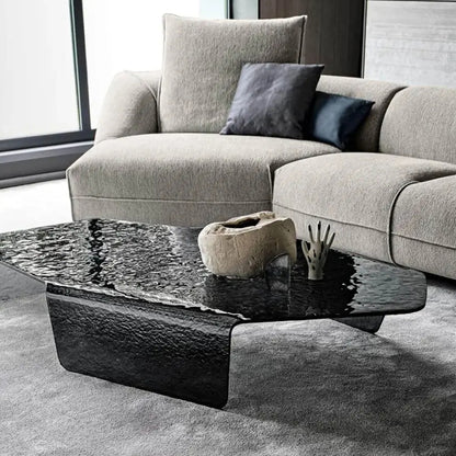 Mesa de centro de vidrio termofusible negro con textura cóncava y convexa forjada, adecuada para sala de estar