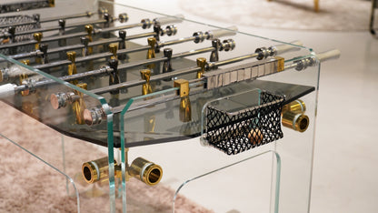 Mesa de fútbol con accesorios de cristal dorado