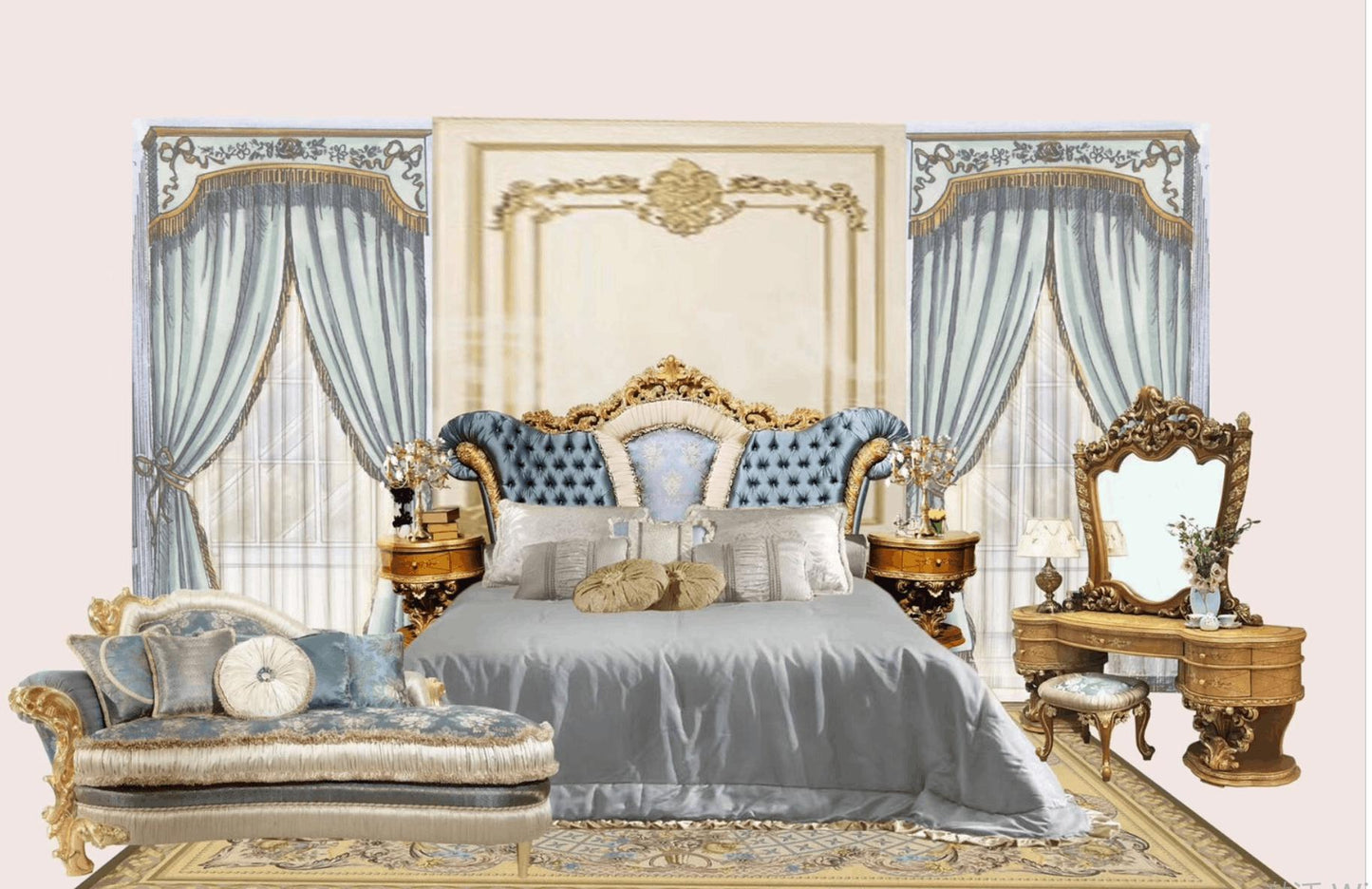 Elegant French leather back double bed Classic wooden bed Hand carved bed