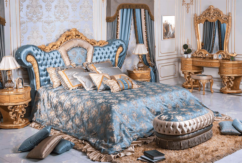 Elegant French leather back double bed Classic wooden bed Hand carved bed