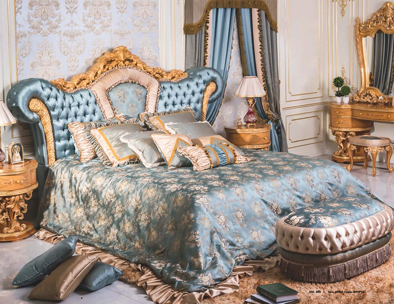 Elegant French leather back double bed Classic wooden bed Hand carved bed