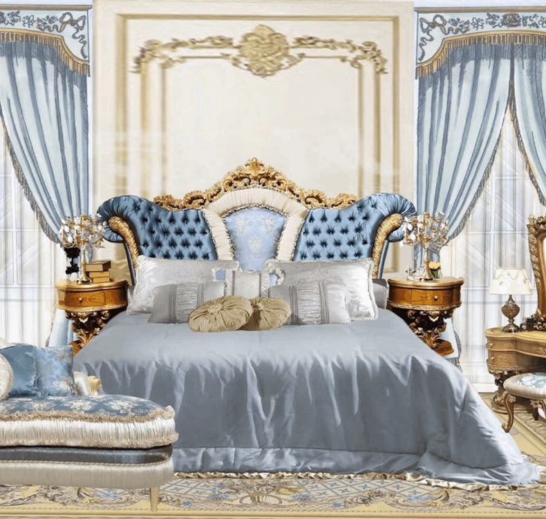 Elegant French leather back double bed Classic wooden bed Hand carved bed