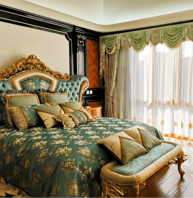 Elegant French leather back double bed Classic wooden bed Hand carved bed