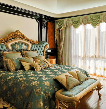 Elegant French leather back double bed Classic wooden bed Hand carved bed