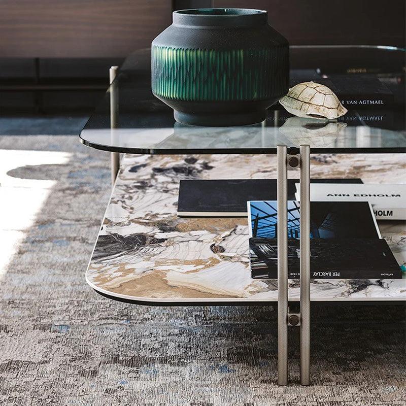 Italian modern double layer coffee table square rock slab/marble glass coffee table