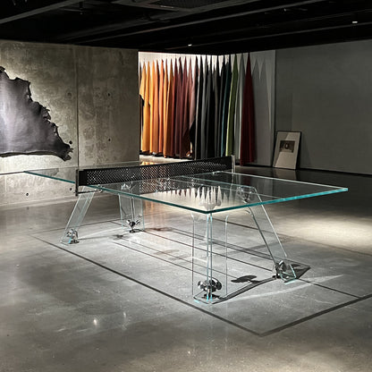 Mesa de ping pong de cristal, apta para interior y exterior.