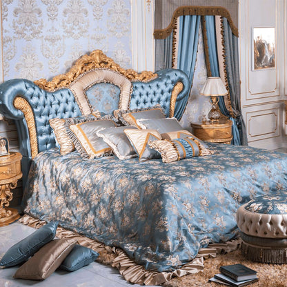 Elegant French leather back double bed Classic wooden bed Hand carved bed