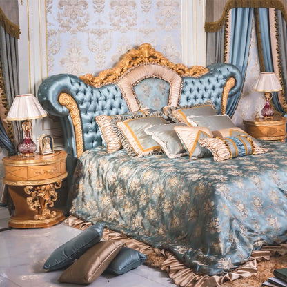Elegant French leather back double bed Classic wooden bed Hand carved bed