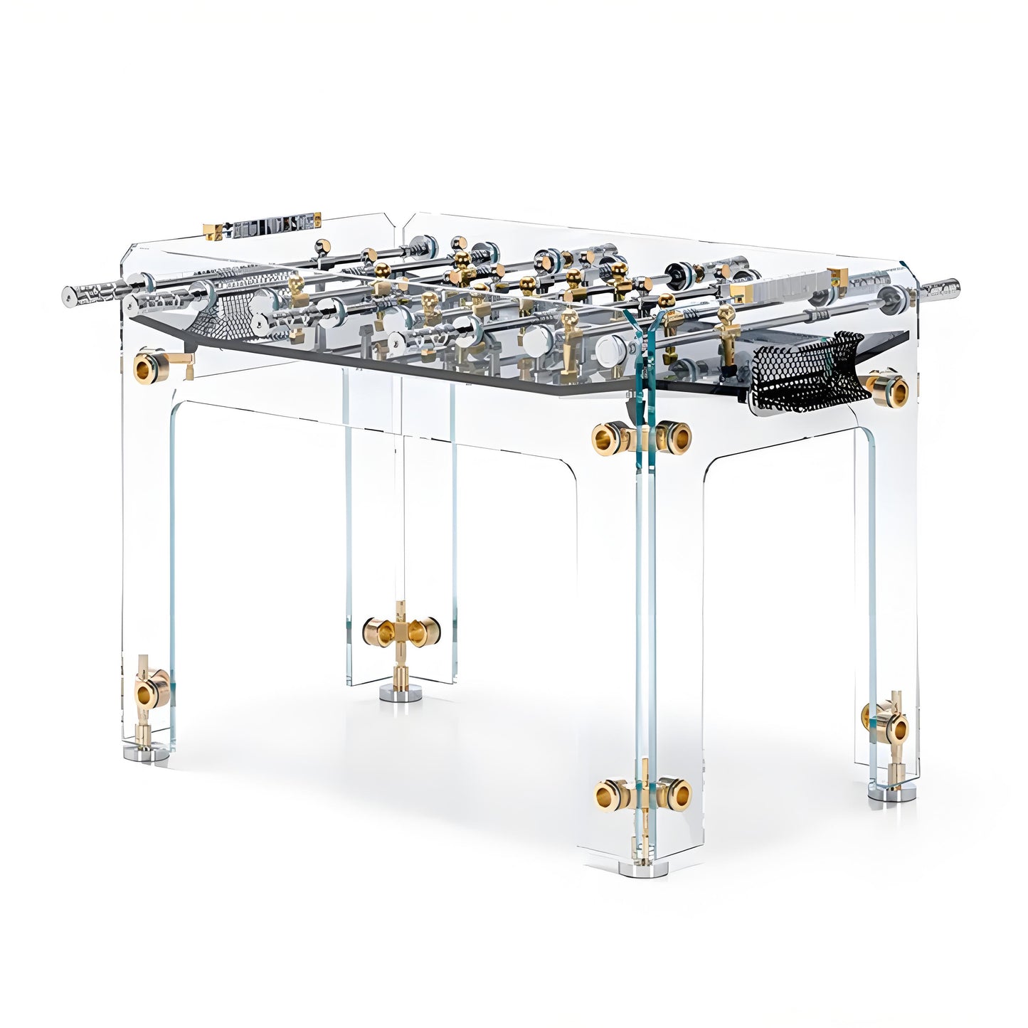 Mesa de fútbol con accesorios de cristal dorado