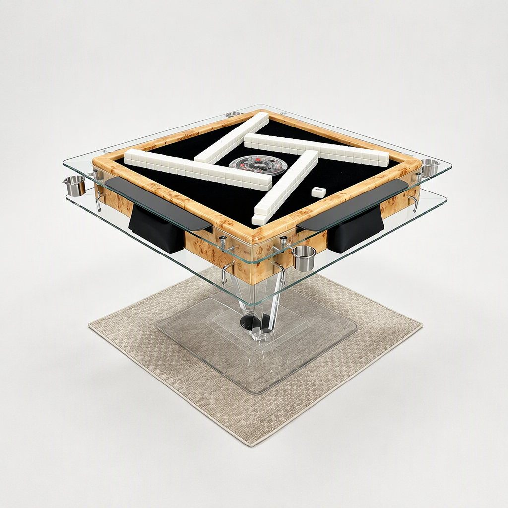 Automatic Mahjong Table - Natural Burl Wood Veneer & Clear Acrylic