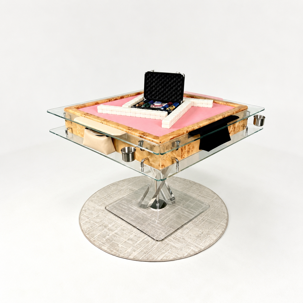 Automatic Mahjong Table - Natural Burl Wood Veneer & Clear Acrylic