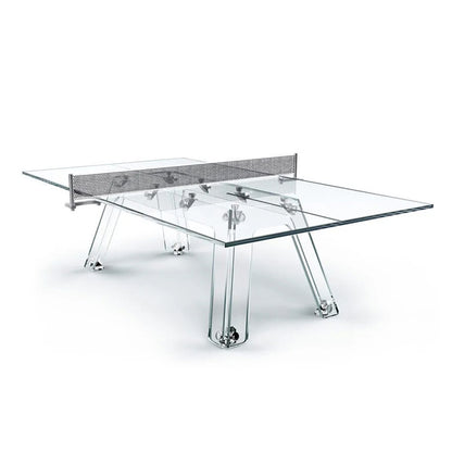 Mesa de ping pong de cristal, apta para interior y exterior.